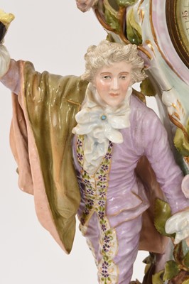 Lot 6 - Impressive Dresden porcelain mantel clock with 18th century costumed figures and foliage.