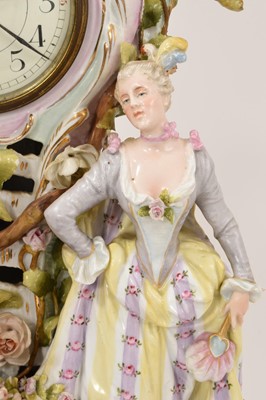 Lot 6 - Impressive Dresden porcelain mantel clock with 18th century costumed figures and foliage.