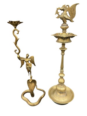 Lot 142 - Two antique Indian brass oil lamps, the tallest 59cm