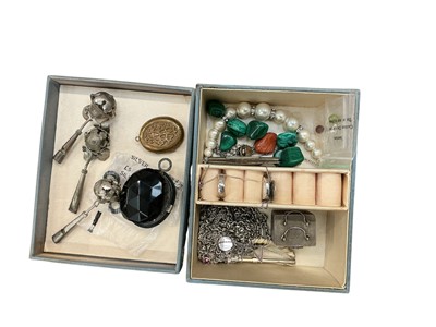 Lot 970 - Group of antique and later jewellery, Victorian lockets, silver and white metal jewellery, malachite stones, white metal miniature casket etc