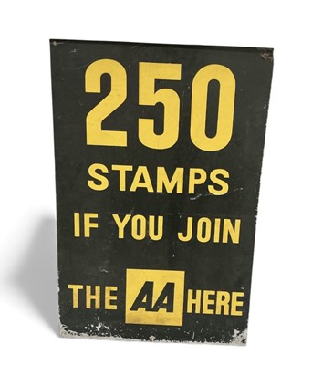 Lot 6 - Vintage AA hardboard sign "250 Stamps if you join the AA here", 75.5cm x 50.5cm.