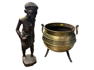 Lot 240 - Victorian brass cauldron shape planter and an African carved wooden figure (2)