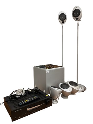 Lot 80 - KEF subwoofer, floor standing speakers and three others together with Cambridge audio AV receiver
