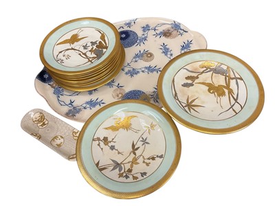 Lot 137 - Suite of Royal Worcester aesthetic period dishes, comprising two footed tazza, nine dishes, a similar pen tray and a tray by Doulton