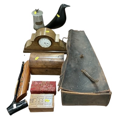 Lot 410 - Vintage miners lamp, wooden box, mantle clock, mandolin and various sundry items.