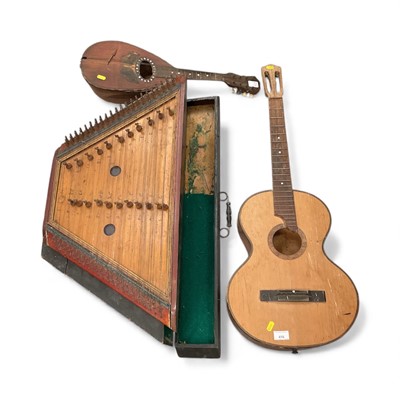 Lot 416 - Antique hammered dulcimer in case, guitar and a mandolin