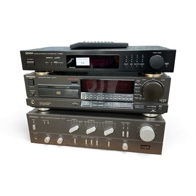 Lot 74 - Technics CD player and amplifier with remote, and a Denon tuner