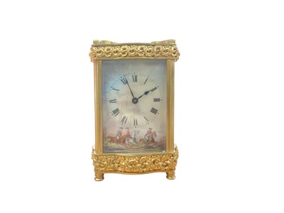 Lot 651 - Late 19th century French brass carriage clock with polychrome enamel dial depicting three cavalrymen