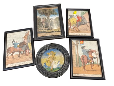 Lot 151 - Maiolica panel, in ebonised frame, and small group of prints. (5)