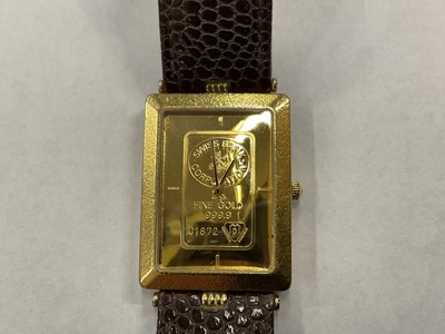 Lot 977 - Swiss Bank Corporation wristwatch with 2 gram fine gold 999.9 dial, the quartz movement in plated case on leather strap