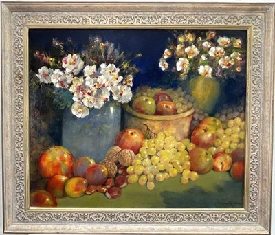 Lot 1020 - Norman Coker (contemporary) oil on canvas - still life fruit and flowers, signed, 49 x 59cm, in gilt frame