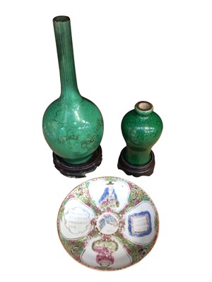 Lot 718 - Antique Chinese apple green crackle glazed baluster vase together with another green glazed vase and a Canton saucer