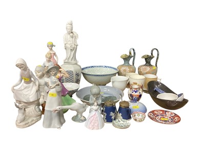 Lot 235 - Collection of porcelain figures including Lladro, Royal Copenhagen plate, pair of Doulton Slater's Patent jugs etc