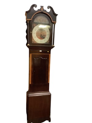 Lot 672 - Early 19th century 8 day long case clock, the dial painted with interesting naval battle scene