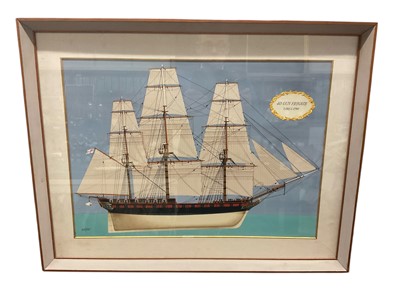 Lot 247 - Raymond C. Watson (1935-1994), gouache painting of a 40 gun frigate, signed (the artist is mostly known for his bird paintings)