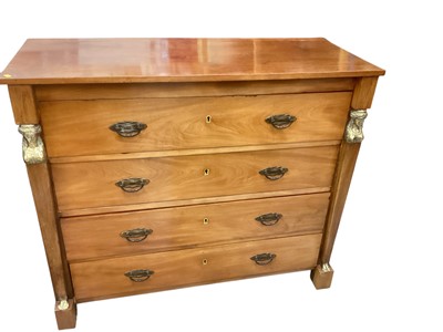 Lot 1319 - Late19th century French Empire style walnut chest of drawers flanked by pilasters with gilt metal female head mounts, 116cm wide, 47.5cm deep, 98cm high