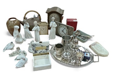 Lot 427 - Royal Doulton stoneware vase, cigarette box constructed from marble taken from the walls of the London Stock Exchange, together with silver plated wares, clocks and other items.