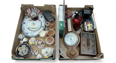 Lot 492 - Two boxes of sundry items to include a barometer, soda syphon, camera and ceramics, (2 boxes).