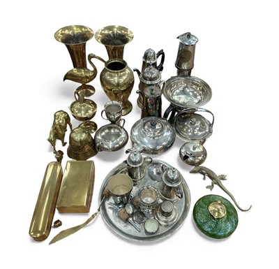 Lot 428 - Group of assorted brass and silver plated wares together with a miners lamp and an Art Nouveau inkwell.