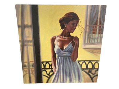 Lot 1106 - Manner of Jack Vetriano - oil on canvas, girl on a balcony