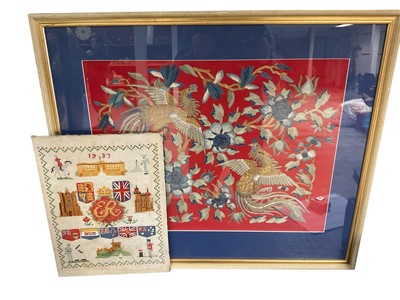 Lot 153 - Chinese silk embroidery, in glazed frame and a 1930s embroidery