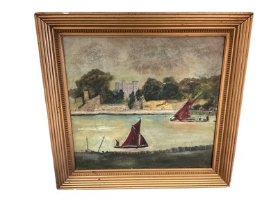 Lot 1108 - Pier head style early 20th century oil on canvas, depicting barges before a castle, possibly Rochester
