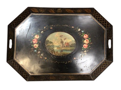 Lot 741 - Large Victorian tôleware tray with painted landscape and floral decoration