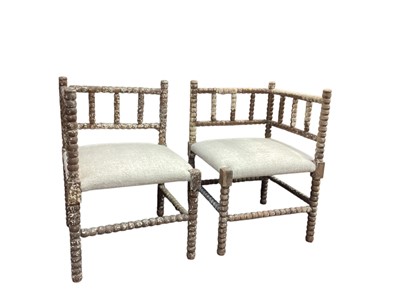 Lot 1339 - Pair of antique French corner bobbin chairs