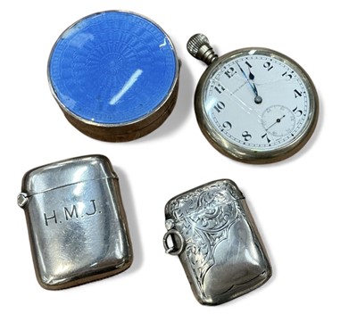 Lot 962 - Two silver vesta cases, silver and guilloche enamel pot and a military 'Moise Dreyfuss Ltd' pocket watch with engraved number and broad arrow mark (4)