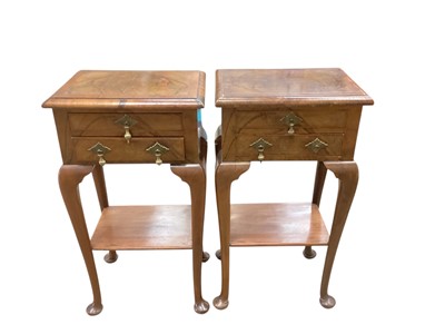 Lot 1334 - Pair of Queen Anne revival crossbanded walnut two tier bedside chests with drop handles, raised on cabriole legs and pad feet, 42cm wide, 30cm deep, 70cm high