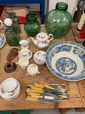 Lot 19 - Sundry items, including two copper jelly moulds, green glass bottles/carboy, Royal Albert Lavender Rose tea wares, etc