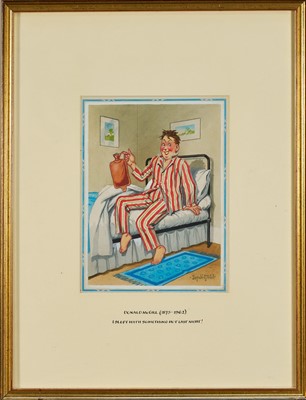 Lot 1086 - *Donald McGill (1875-1962) watercolour, 'I slept with something hot last night!', signed, 21cm x 16cm, in glazed gilt frame.