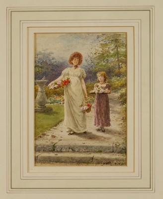 Lot 1085 - George Goodwin Kilburn (1839-1924) watercolour, mother with child collecting flowers in a garden, signed, 18cm x 13cm, in glazed gilt frame