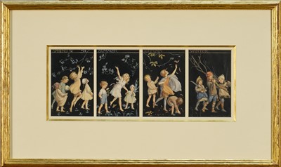 Lot 1084 - *Margaret Tarrant (1888-1959) watercolour - Four Seasons, signed and titled, each 11.5cm x 7.5cm, framed as one in glazed gilt frame.