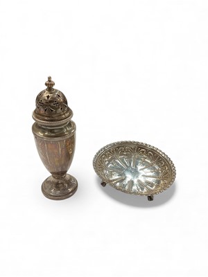 Lot 995 - Victorian silver dish raised on three claw and ball feet ( Sheffield 1891) and silver sugar castor (2), 6ozs