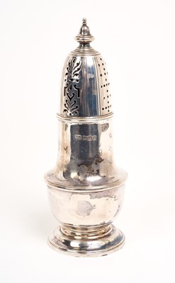 Lot 203 - Late Victorian silver sugar caster of baluster form, with pierced screw on cover, on a circular base