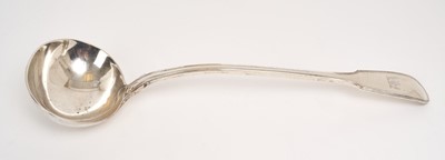 Lot 204 - Victorian silver Fiddle and Thread pattern soup ladle, with engraved armorial shield (London 1840)