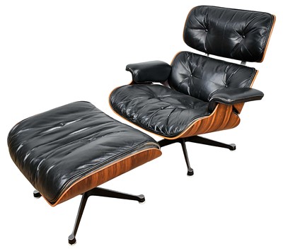 Lot 1273 - Eames lounge leather upholstered easy chair and ensuite ottoman