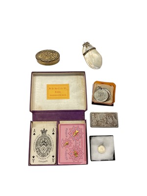 Lot 1005 - White metal hand mirror, silver teaspoons, snuff boxes, medallions, other items