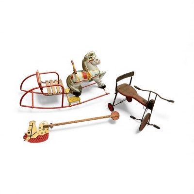 Lot 34 - Child's rocking horse sledge, hobby horse and a tricycle (3)