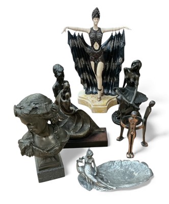 Lot 441 - Group of Art Deco style figures and other including a bust of a lady and a dish of a lady with a peacock.