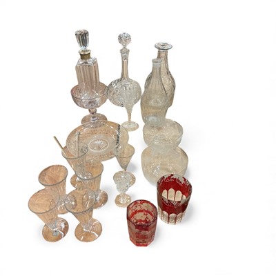 Lot 445 - Group of 18th century and later glassware to include silver mounted decanter, Irish cut glass decanter, finger bowls and other items.
