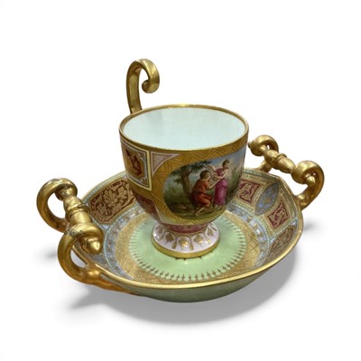 Lot 444 - Vienna porcelain cabinet cup and saucer, finely decorated and inscribed to foot of cup 'Apelles'.