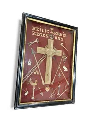 Lot 488 - Late 19th century folk art diorama depicting the tools of Christ in glazed Ebonised frame.
