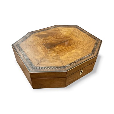 Lot 450 - Regency workbox of octangonal form with inlaid and crossbanded decoration and a silk lined interior.