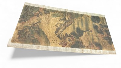 Lot 458 - Chinese silk scroll with painted crane decoration.