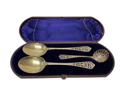 Lot 212 - Victorian silver three piece serving set, in a fitted case, comprising pair serving spoons