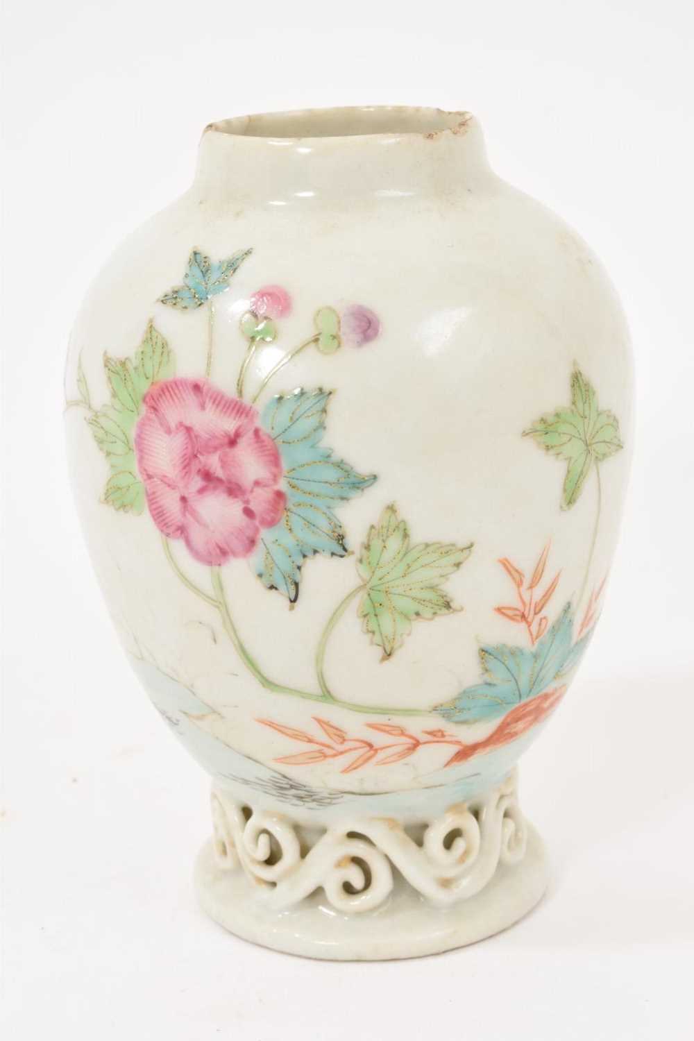 Lot 41 - 18th century Chinese porcelain tea canister, ovoid form with reticulated scroll foot, polychrome painted with ducks and flowers