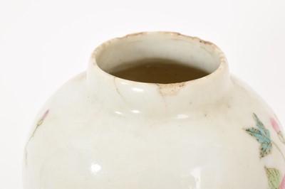 Lot 41 - 18th century Chinese porcelain tea canister, ovoid form with reticulated scroll foot, polychrome painted with ducks and flowers