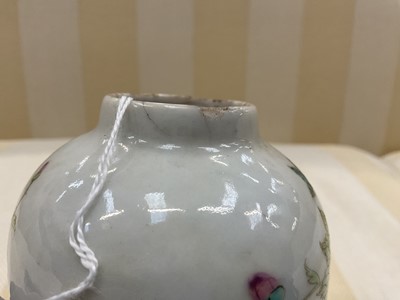 Lot 41 - 18th century Chinese porcelain tea canister, ovoid form with reticulated scroll foot, polychrome painted with ducks and flowers